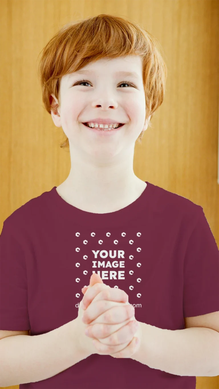 Boy Wearing Maroon T-shirt Mockup Front View Template