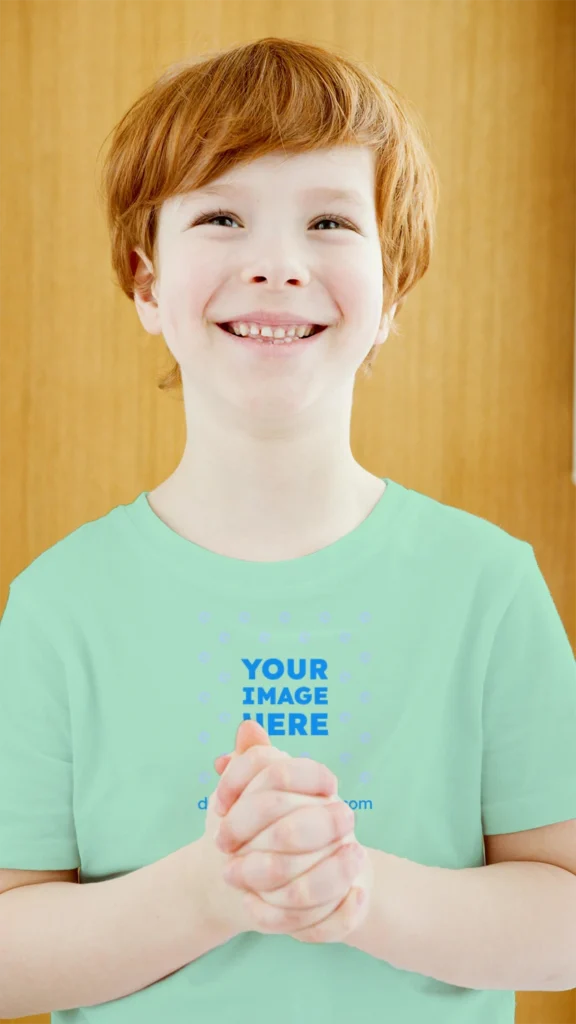 Boy Wearing Mint T-shirt Mockup Front View Template