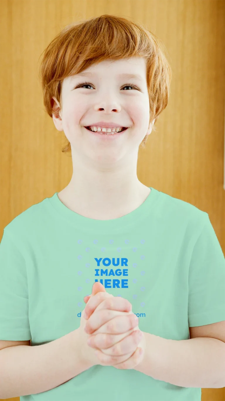Boy Wearing Mint T-shirt Mockup Front View Template