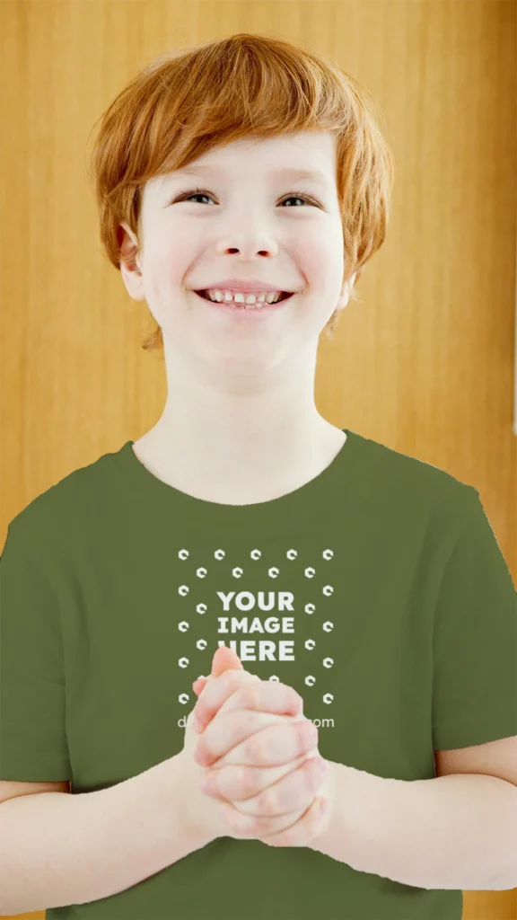 Boy Wearing Olive Green T-shirt Mockup Front View Template