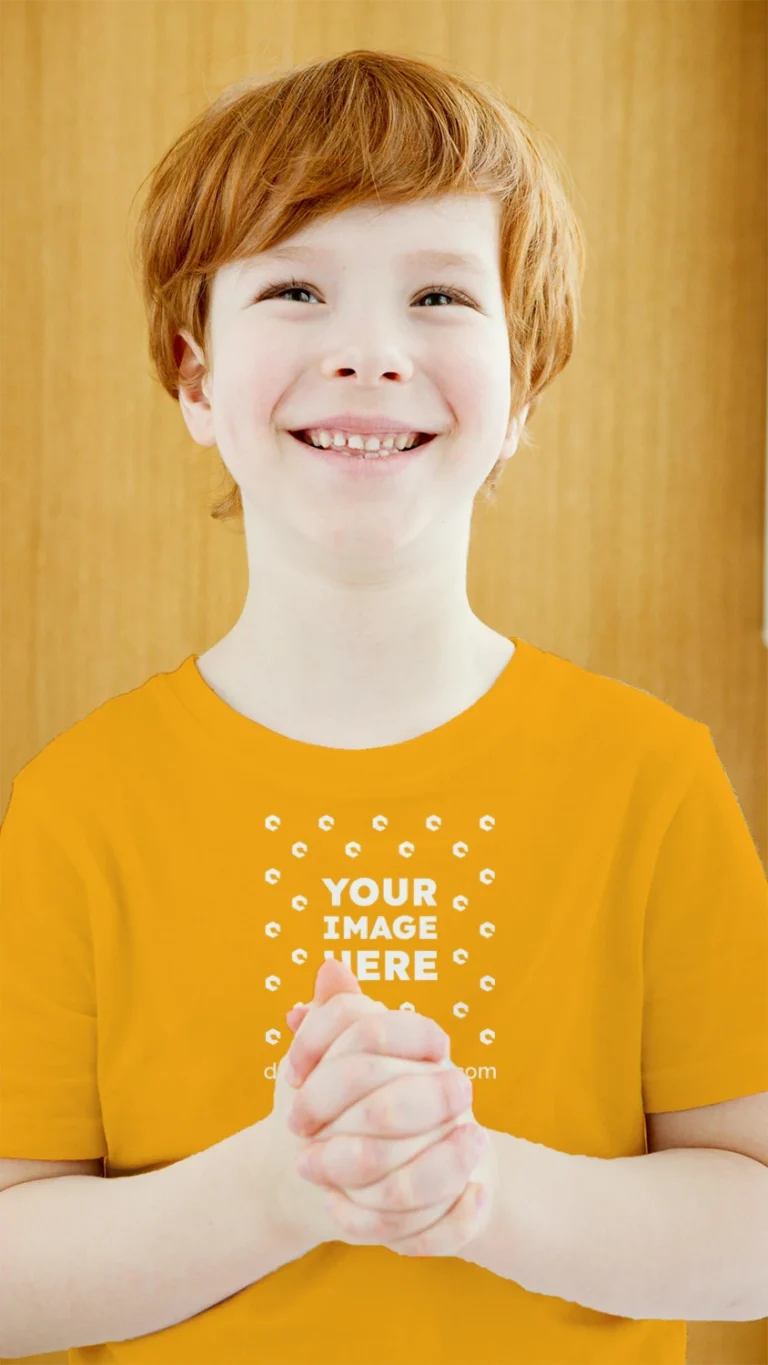 Boy Wearing Orange T-shirt Mockup Front View Template