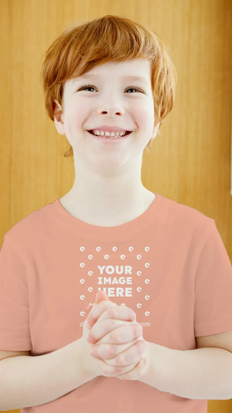 Boy Wearing Peach T-shirt Mockup Front View Template