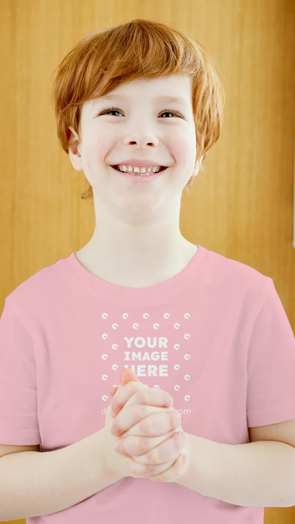 Boy Wearing Pink T-shirt Mockup Front View Template