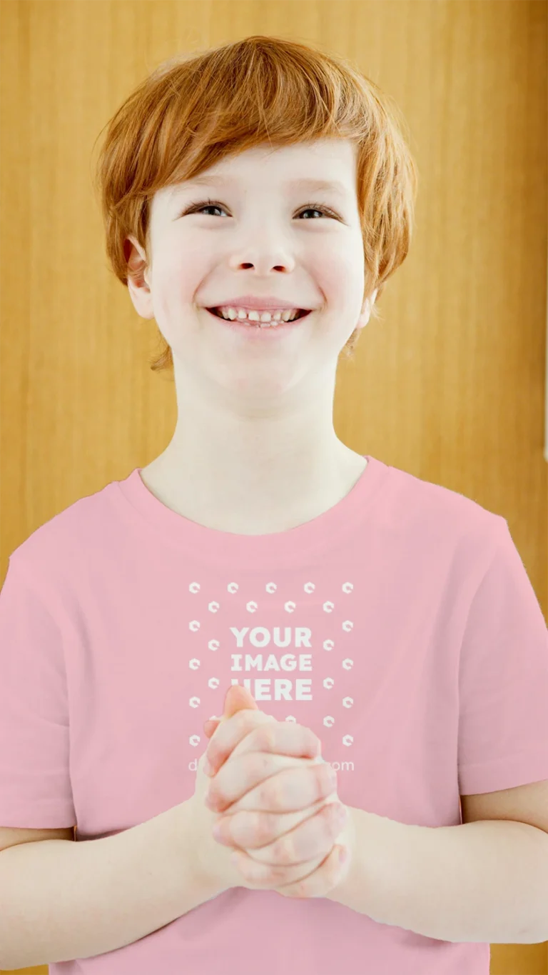 Boy Wearing Pink T-shirt Mockup Front View Template