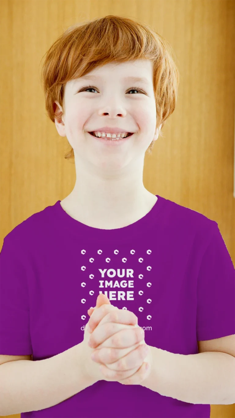 Boy Wearing Purple T-shirt Mockup Front View Template