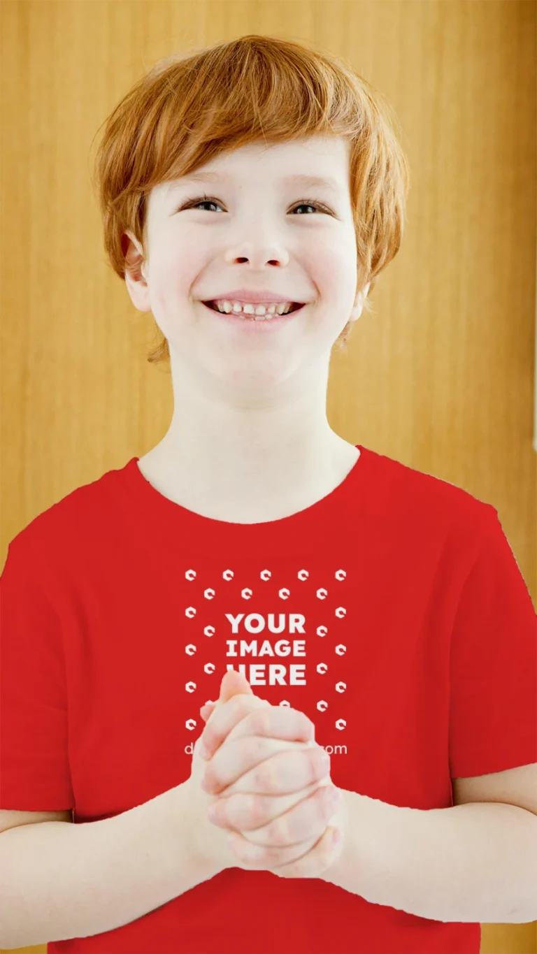 Boy Wearing Red T-shirt Mockup Front View Template