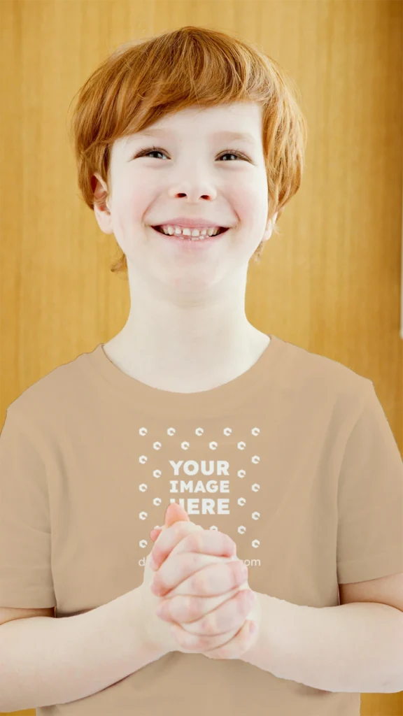 Boy Wearing Tan T-shirt Mockup Front View Template