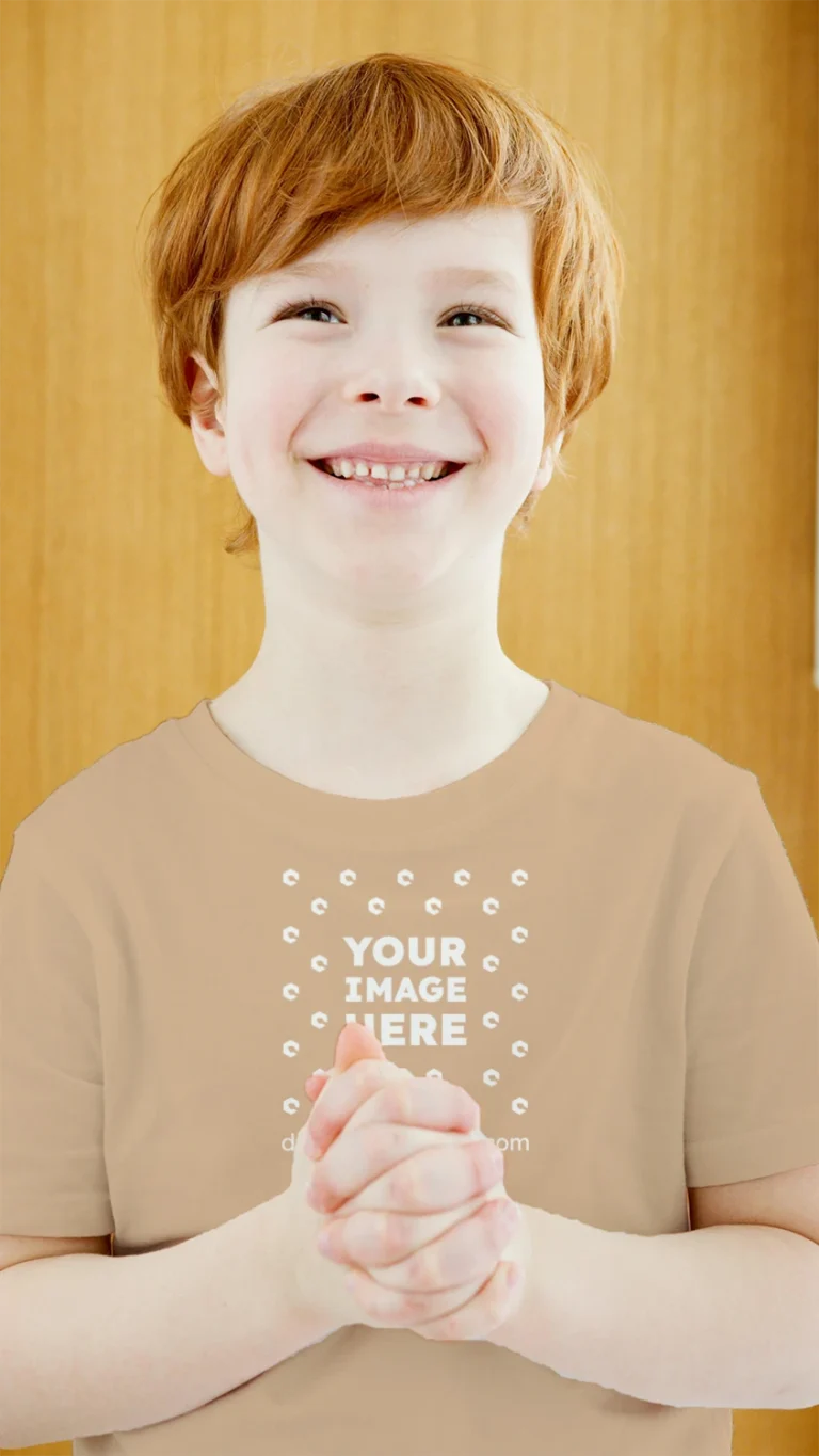 Boy Wearing Tan T-shirt Mockup Front View Template