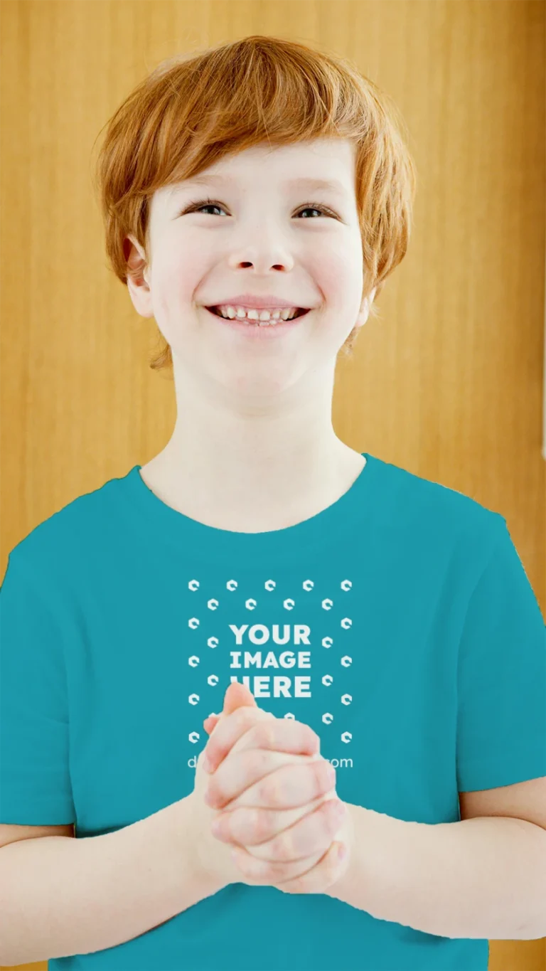 Boy Wearing Teal T-shirt Mockup Front View Template