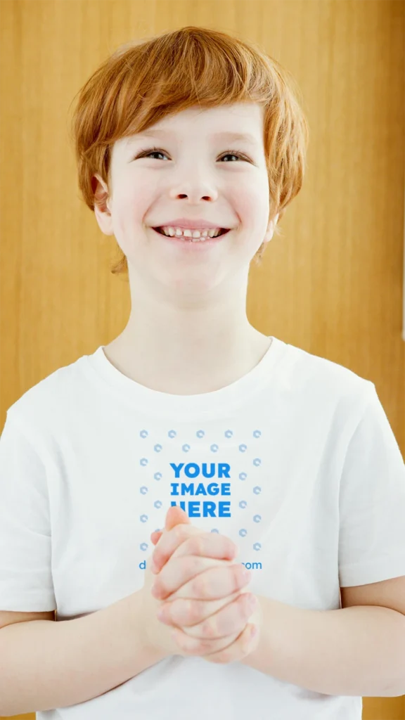 Boy Wearing White T-shirt Mockup Front View Template