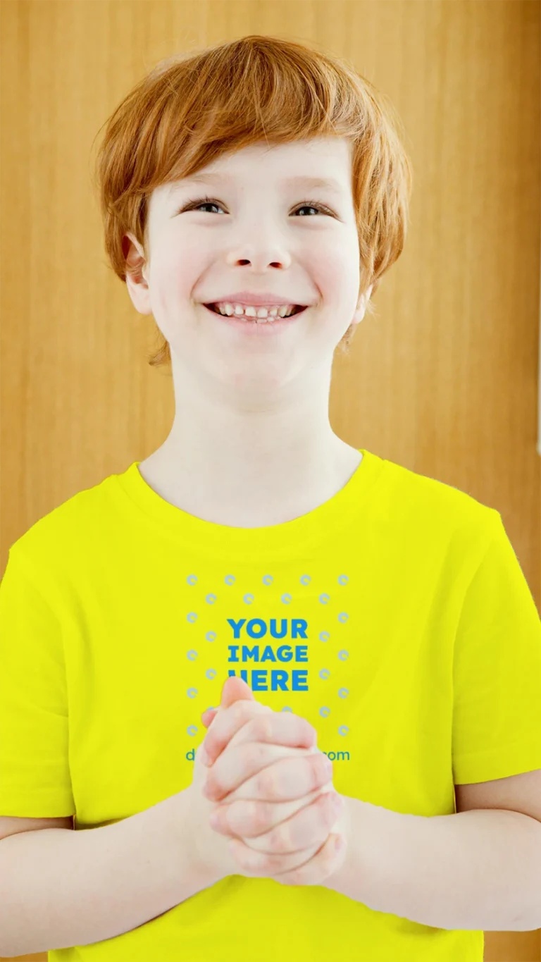 Boy Wearing Yellow T-shirt Mockup Front View Template