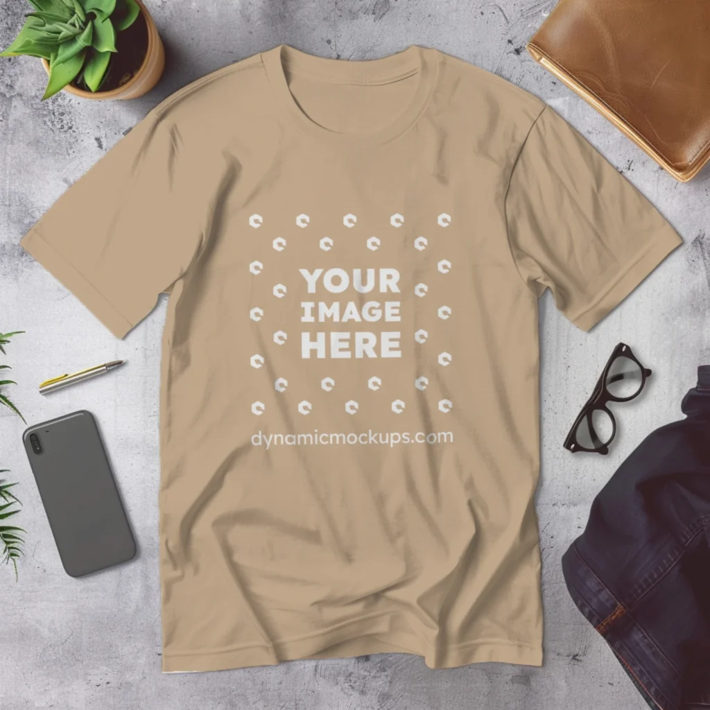 Flat Lay Wearing Beige T-shirt Mockup Front View Template