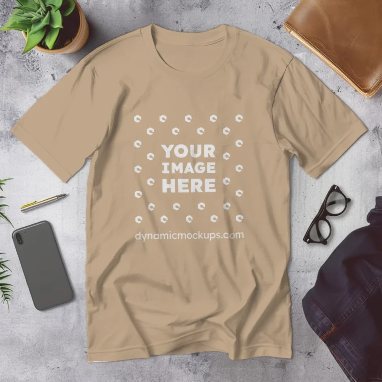 Flat Lay Wearing Beige T-shirt Mockup Front View Template