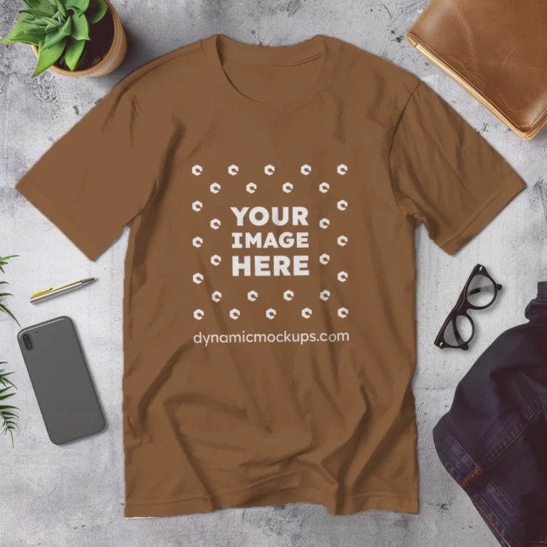 Flat Lay Wearing Brown T-shirt Mockup Front View Template