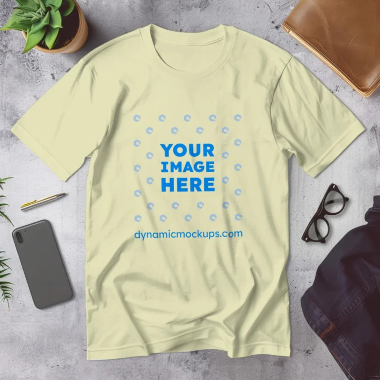 Flat Lay Wearing Cream T-shirt Mockup Front View Template