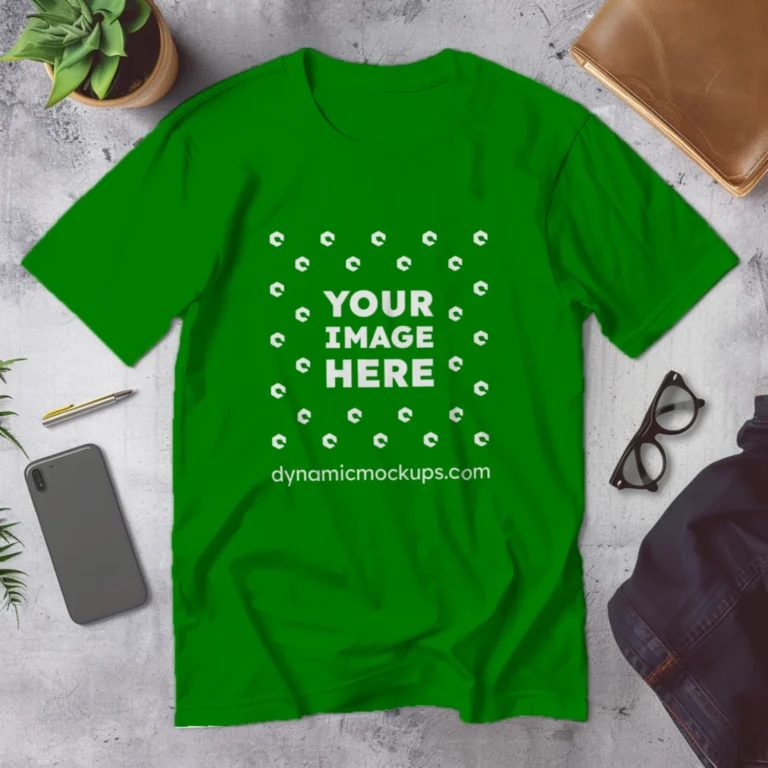 Flat Lay Wearing Green T-shirt Mockup Front View Template