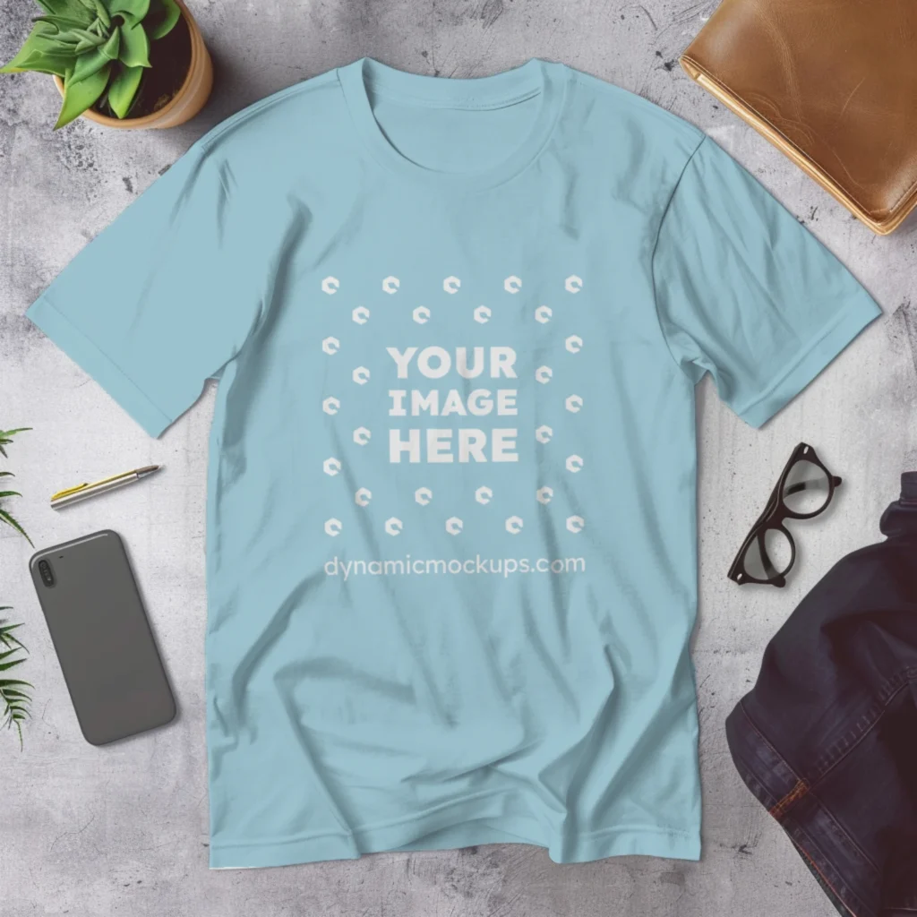 Flat Lay Wearing Light Blue T-shirt Mockup Front View Template