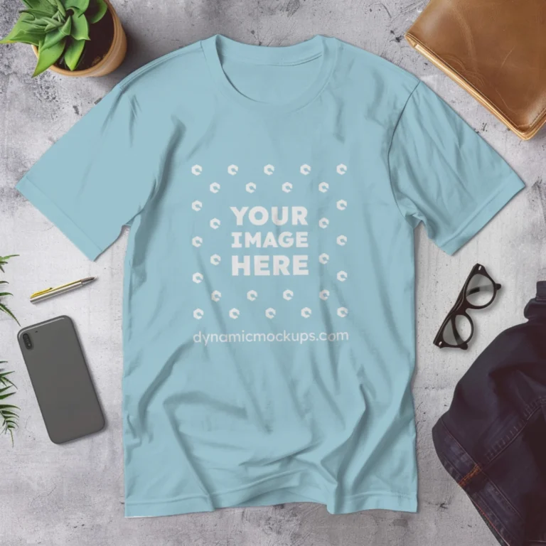 Flat Lay Wearing Light Blue T-shirt Mockup Front View Template