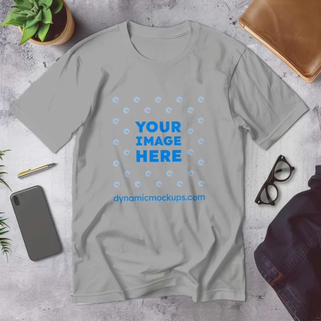 Flat Lay Wearing Light Gray T-shirt Mockup Front View Template