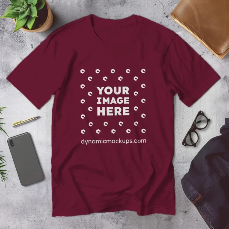 Flat Lay Wearing Maroon T-shirt Mockup Front View Template