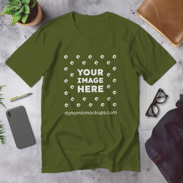 Flat Lay Wearing Olive Green T-shirt Mockup Front View Template