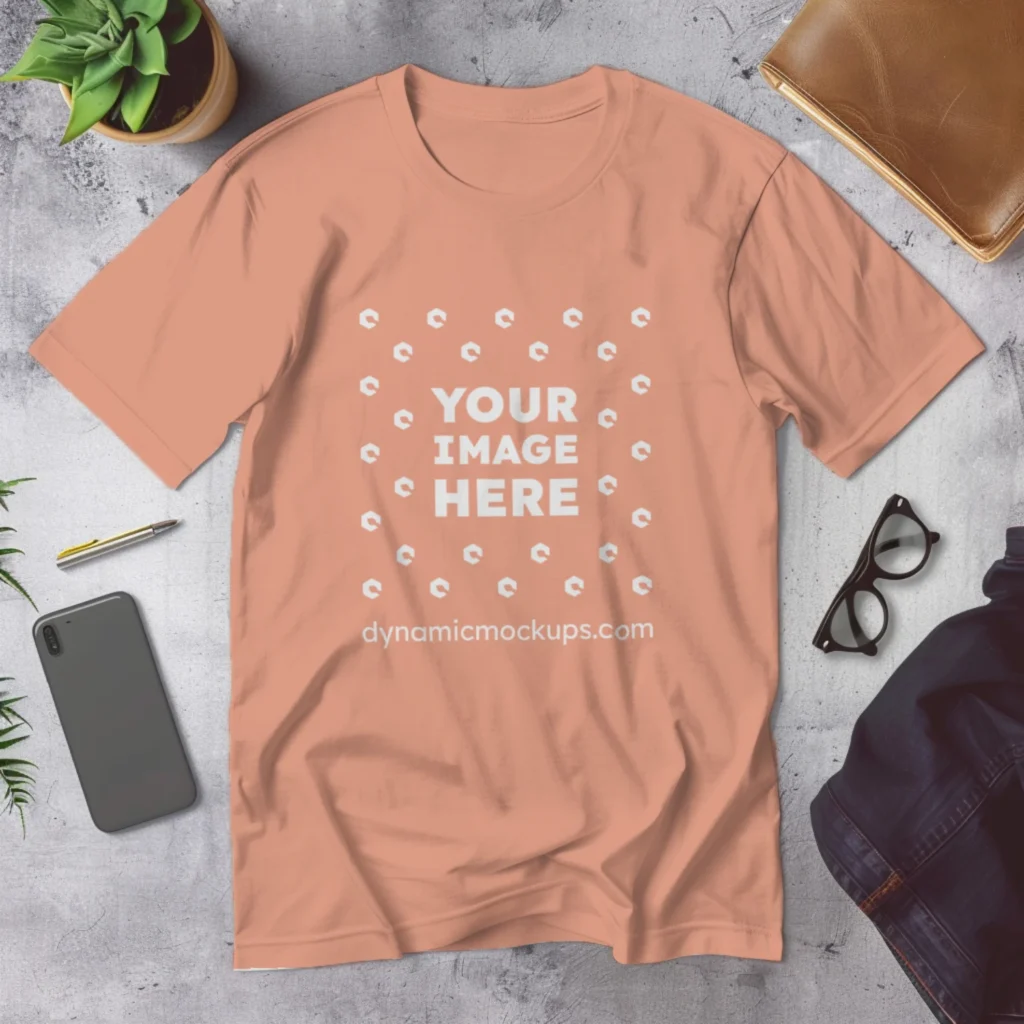 Flat Lay Wearing Peach T-shirt Mockup Front View Template