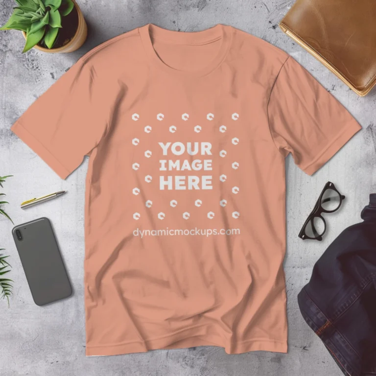 Flat Lay Wearing Peach T-shirt Mockup Front View Template