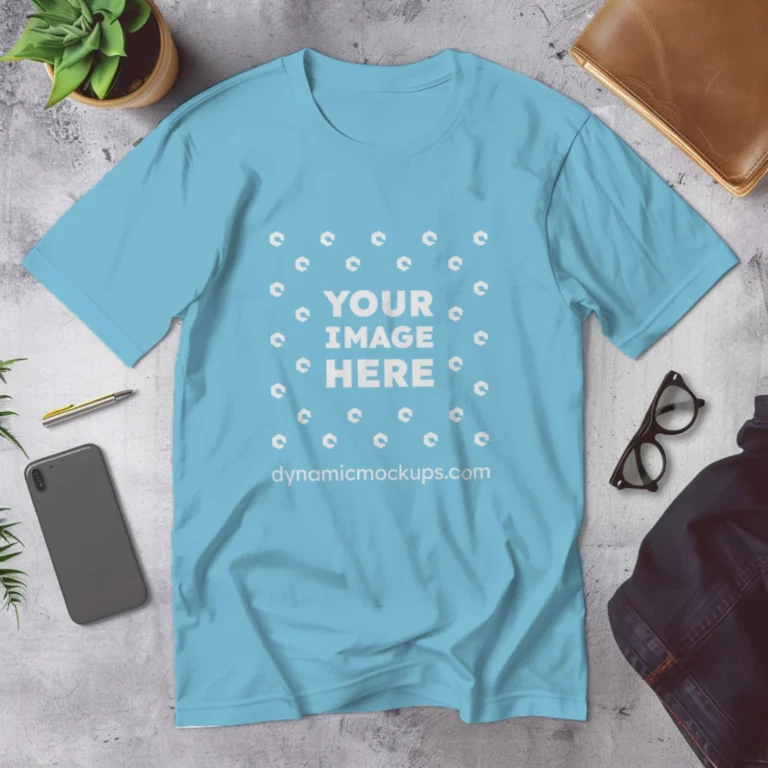 Flat Lay Wearing Sky Blue T-shirt Mockup Front View Template
