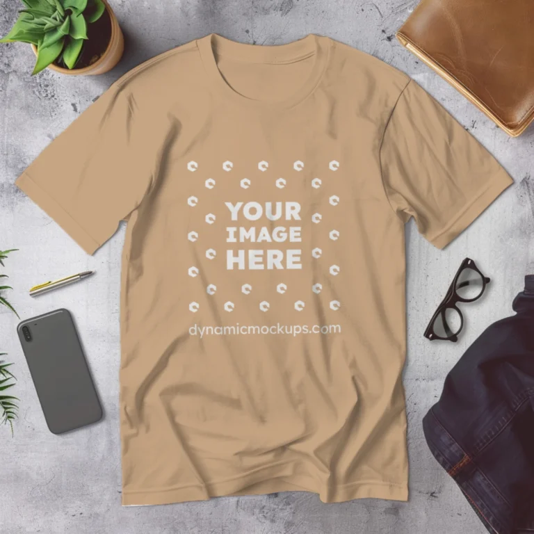 Flat Lay Wearing Tan T-shirt Mockup Front View Template