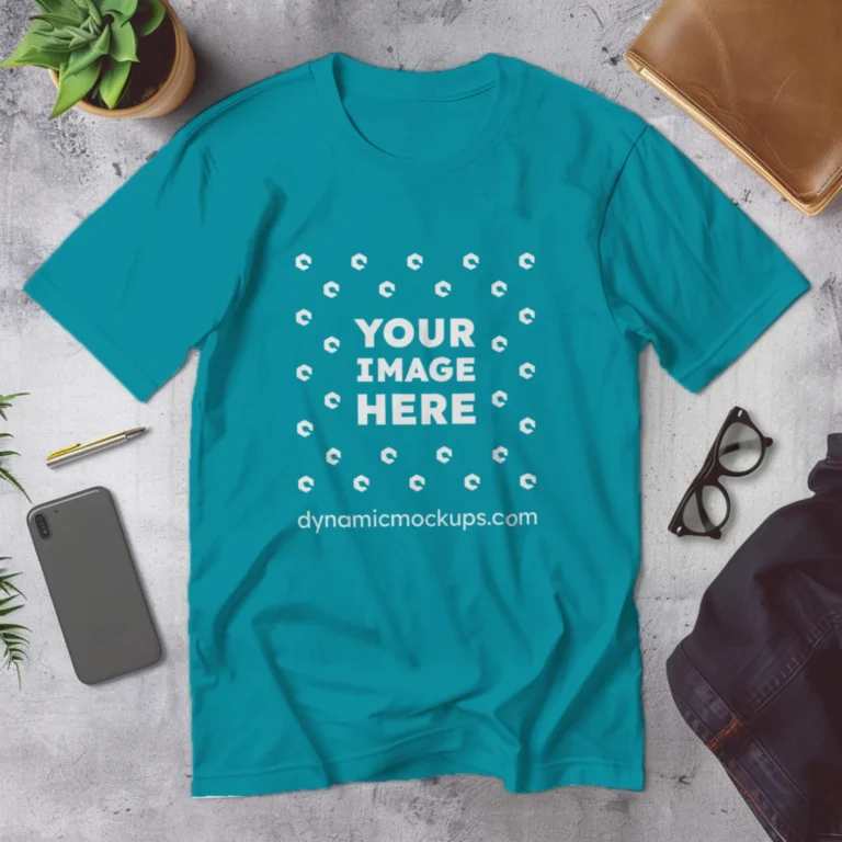Flat Lay Wearing Teal T-shirt Mockup Front View Template
