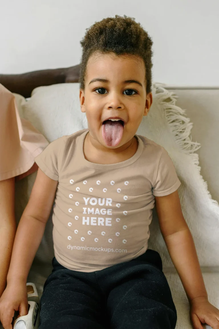 Girl Wearing Beige T-shirt Mockup Front View Template