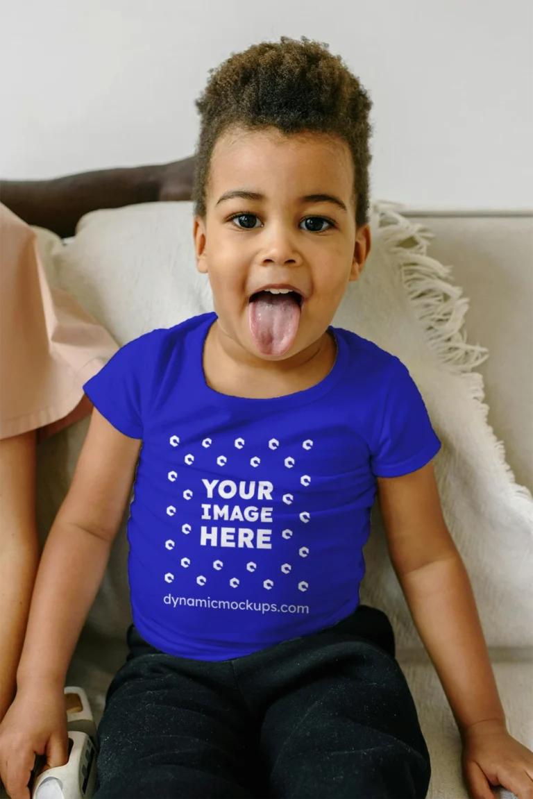 Girl Wearing Blue T-shirt Mockup Front View Template