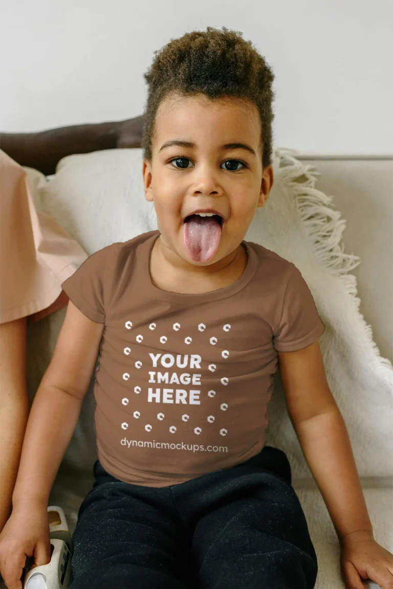 Girl Wearing Brown T-shirt Mockup Front View Template