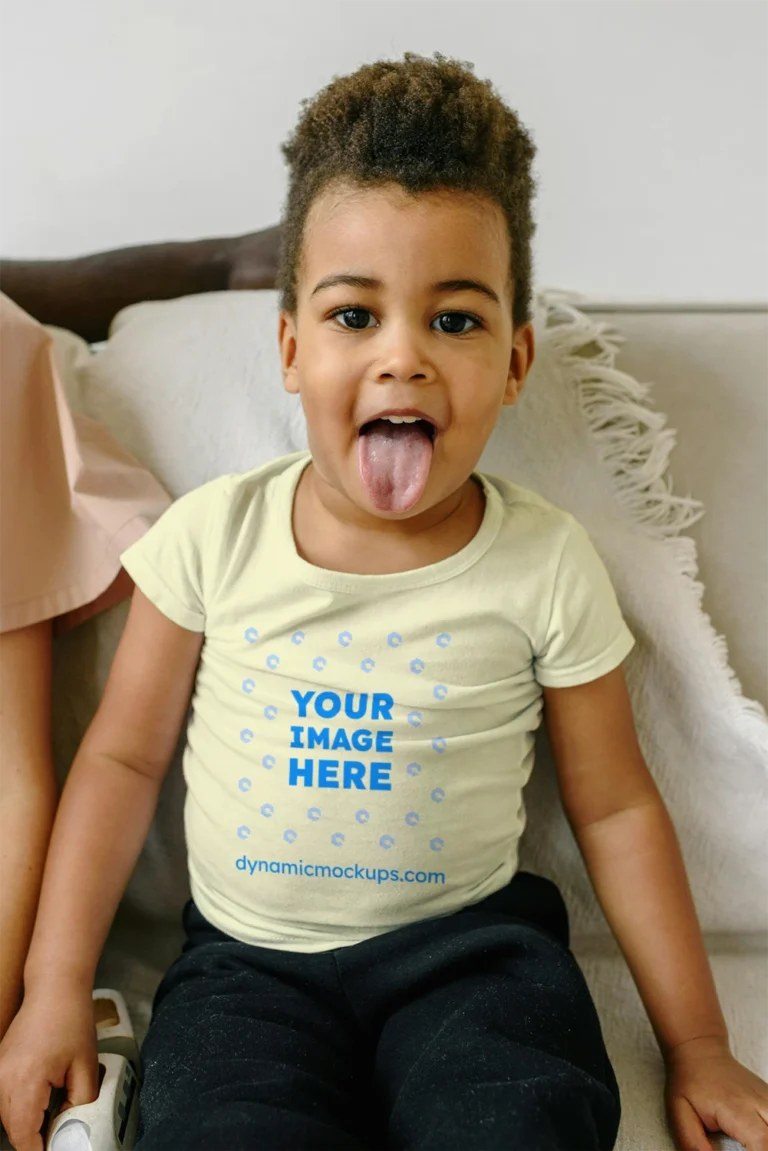 Girl Wearing Cream T-shirt Mockup Front View Template