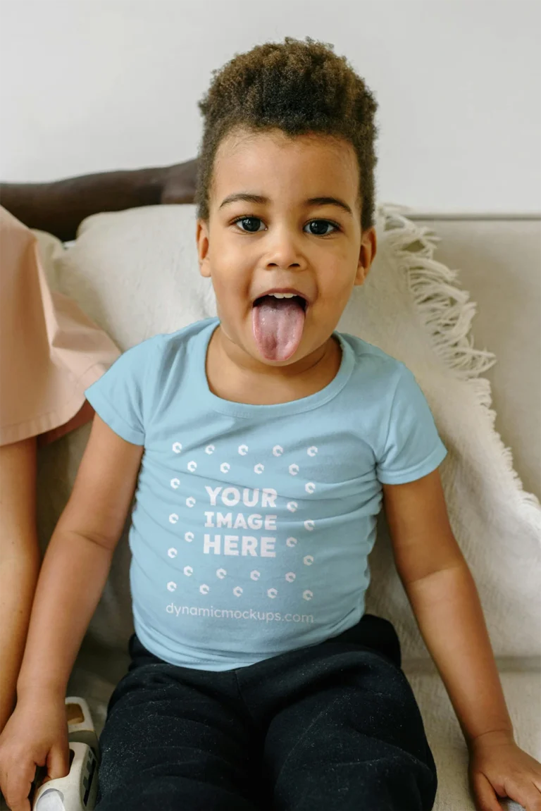 Girl Wearing Light Blue T-shirt Mockup Front View Template