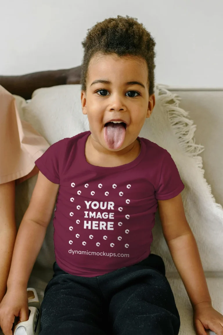 Girl Wearing Maroon T-shirt Mockup Front View Template