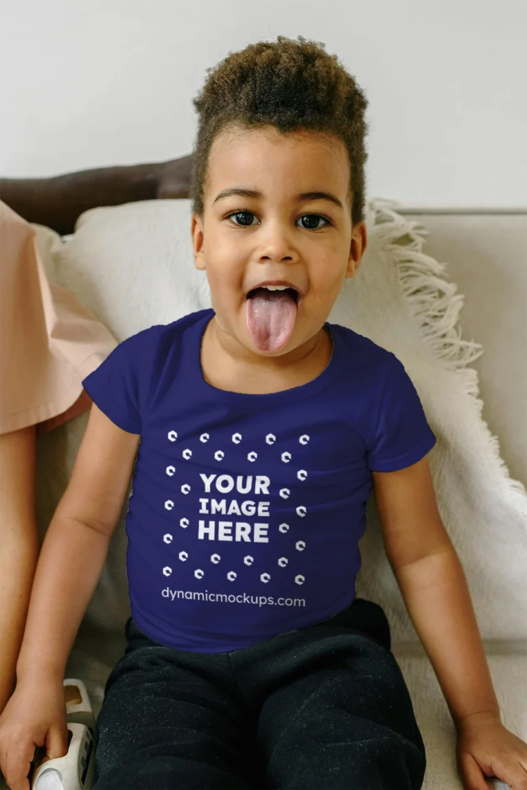 Girl Wearing Navy Blue T-shirt Mockup Front View Template