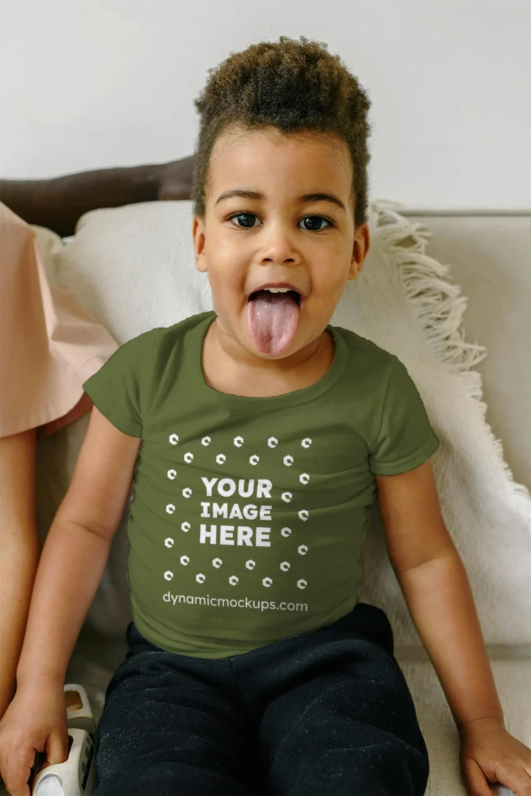 Girl Wearing Olive Green T-shirt Mockup Front View Template