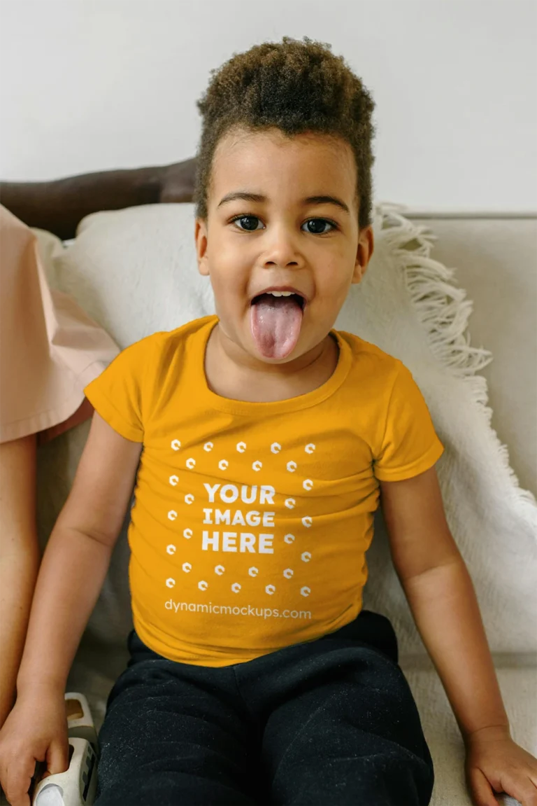 Girl Wearing Orange T-shirt Mockup Front View Template