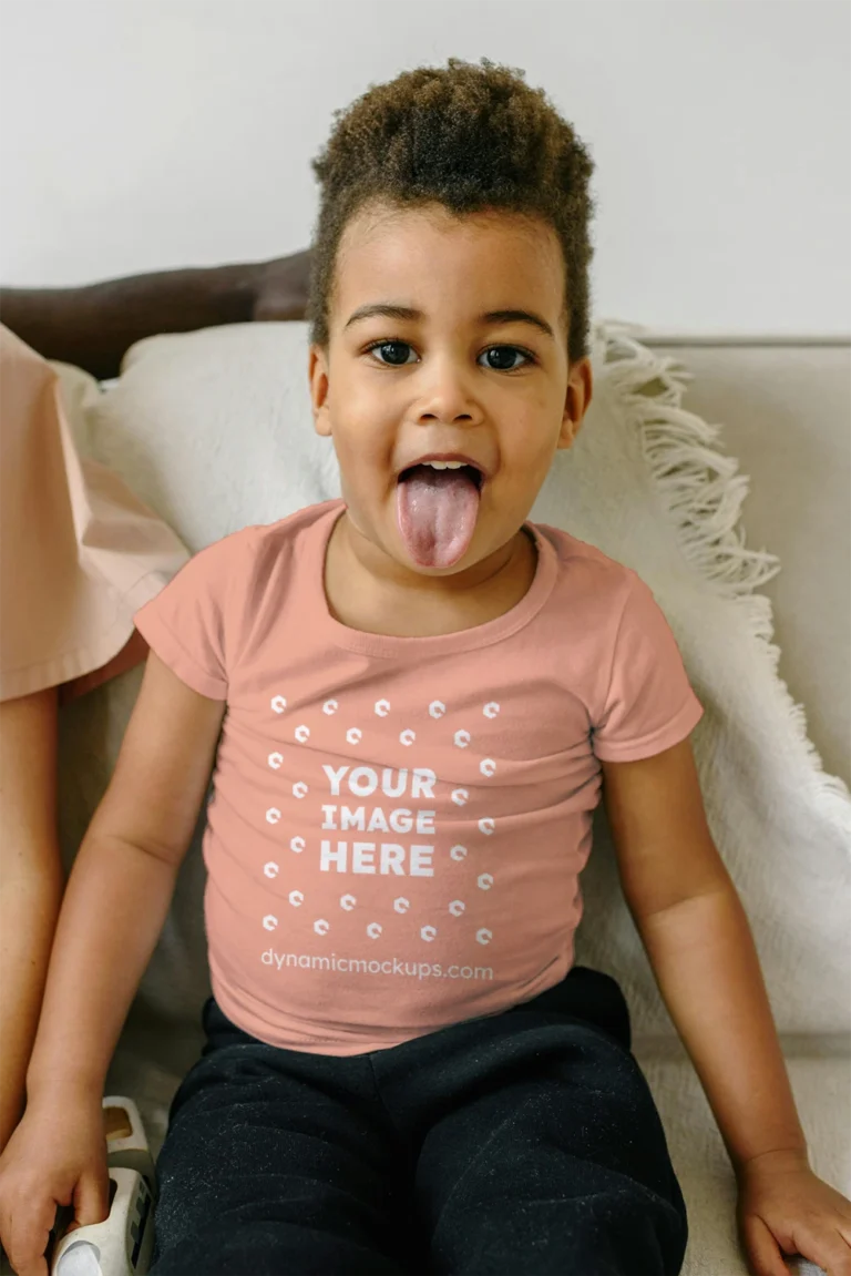 Girl Wearing Peach T-shirt Mockup Front View Template