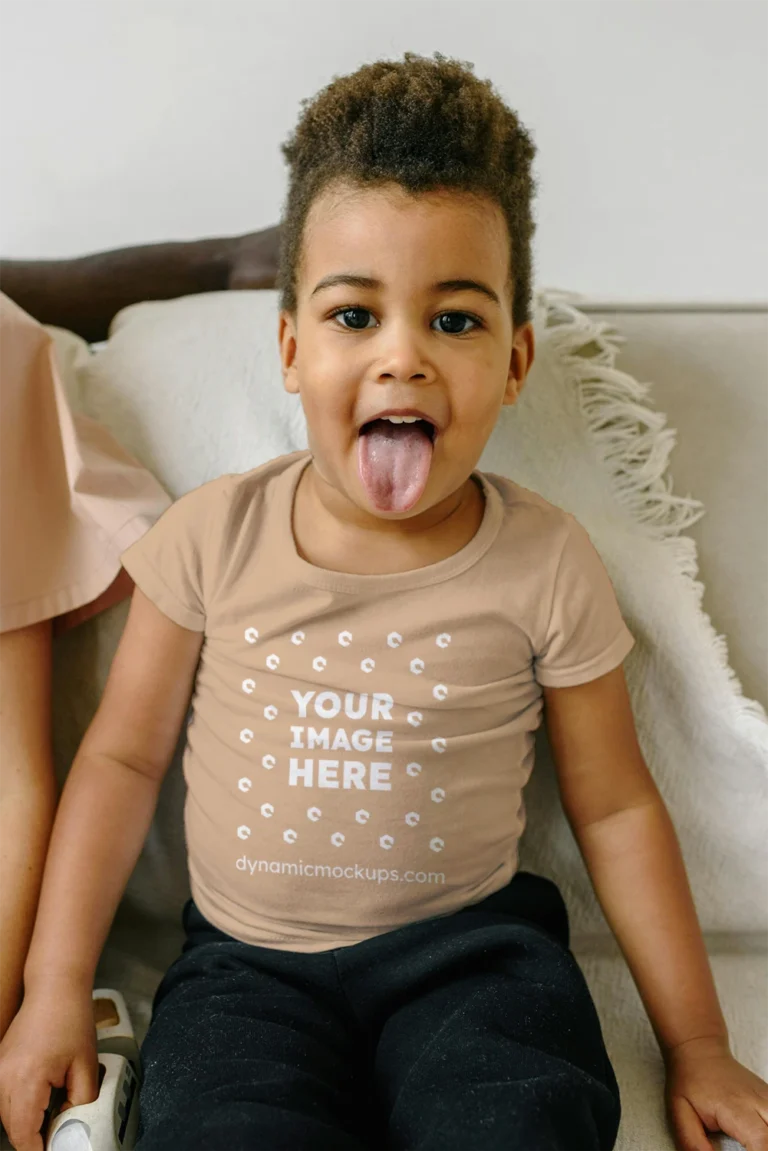 Girl Wearing Tan T-shirt Mockup Front View Template