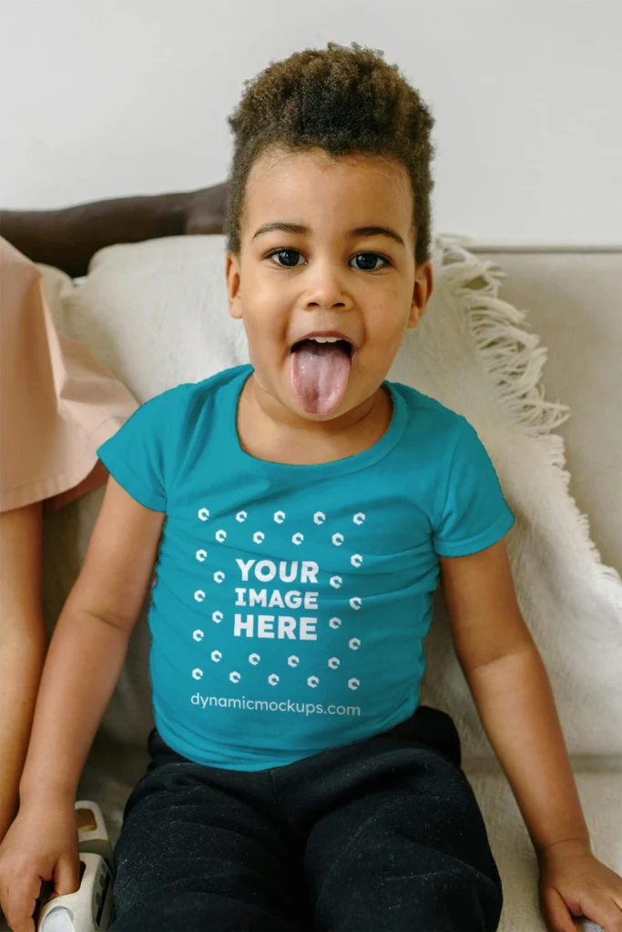 Girl Wearing Teal T-shirt Mockup Front View Template