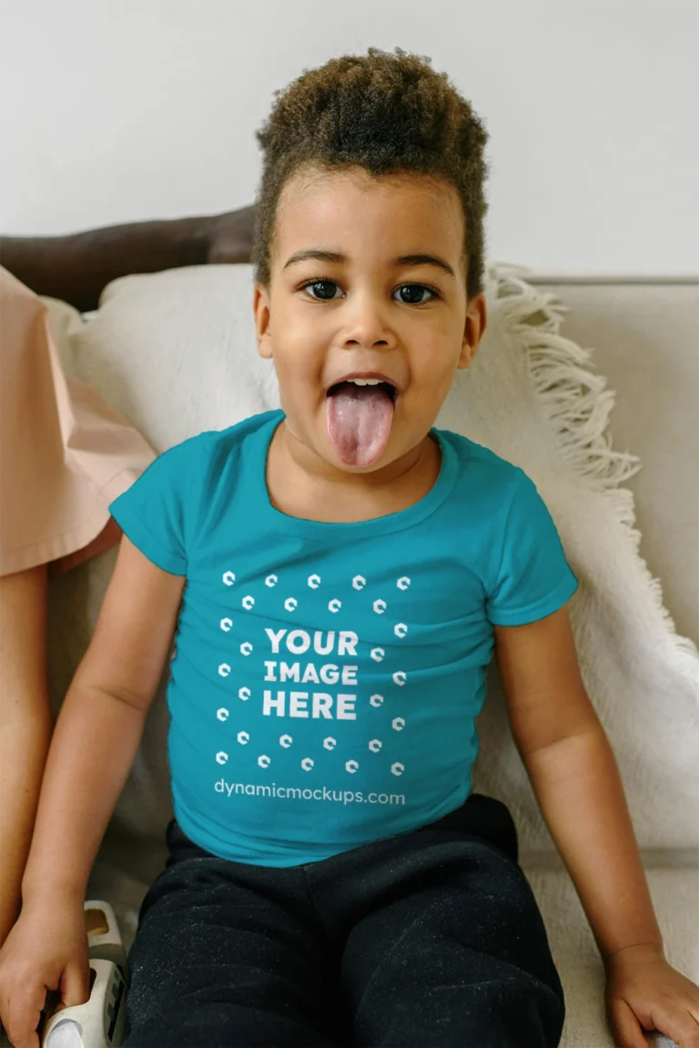 Girl Wearing Teal T-shirt Mockup Front View Template