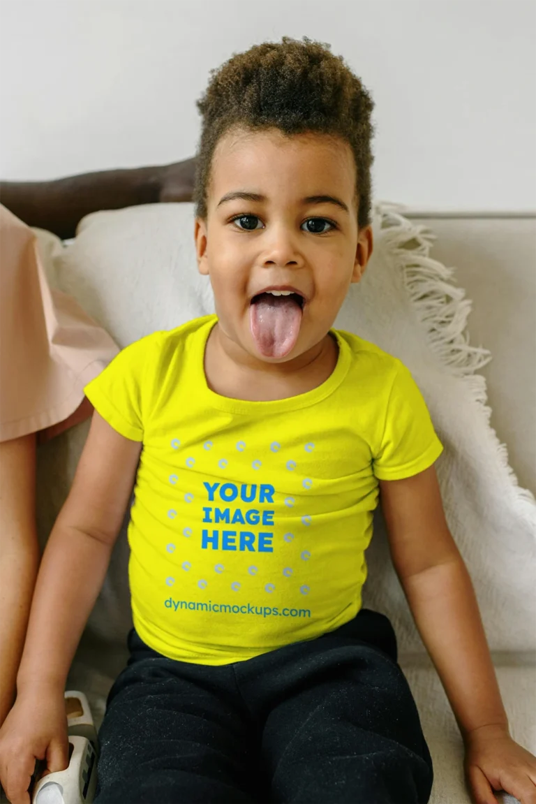 Girl Wearing Yellow T-shirt Mockup Front View Template