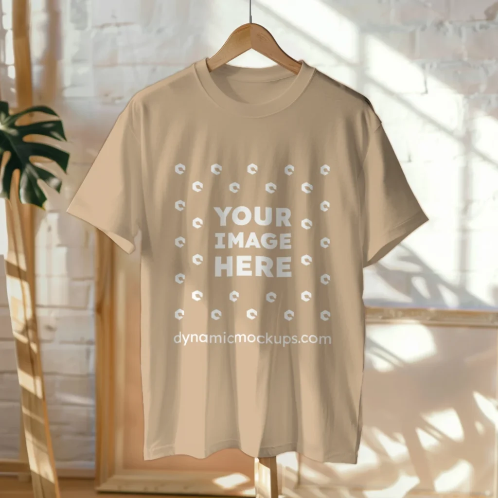 Hanging Wearing Beige T-shirt Mockup Front View Template