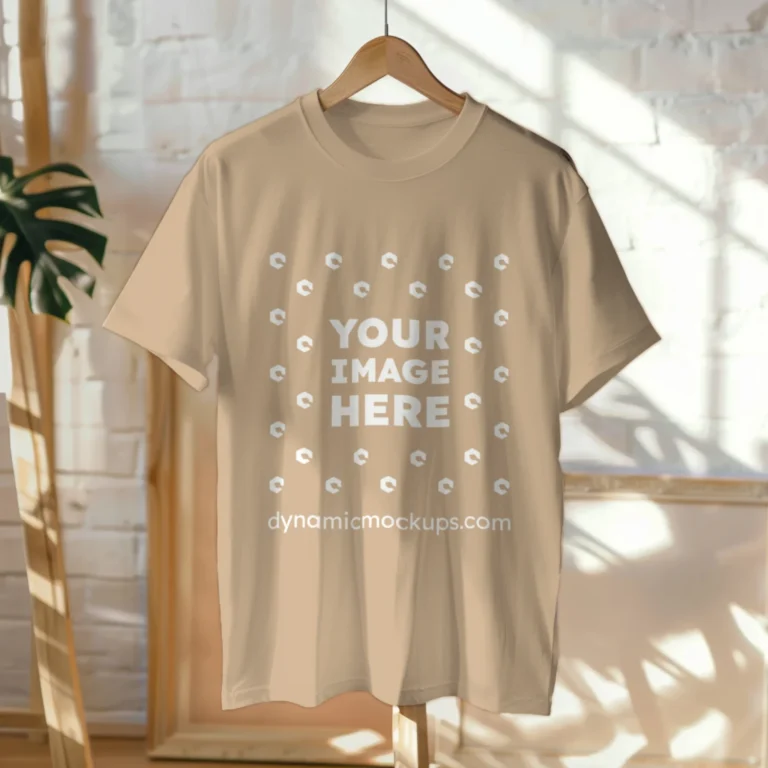 Hanging Wearing Beige T-shirt Mockup Front View Template