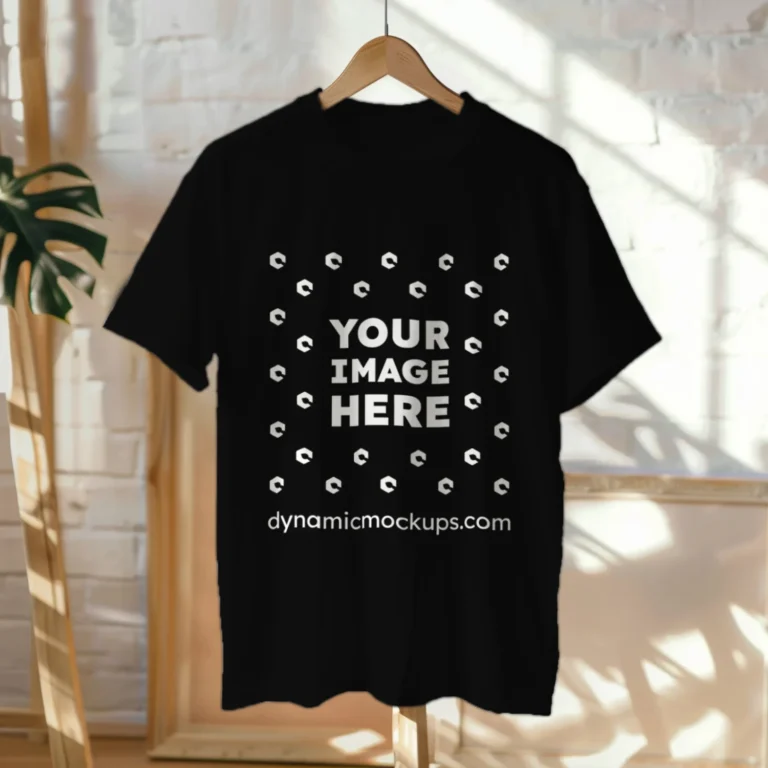 Hanging Wearing Black T-shirt Mockup Front View Template