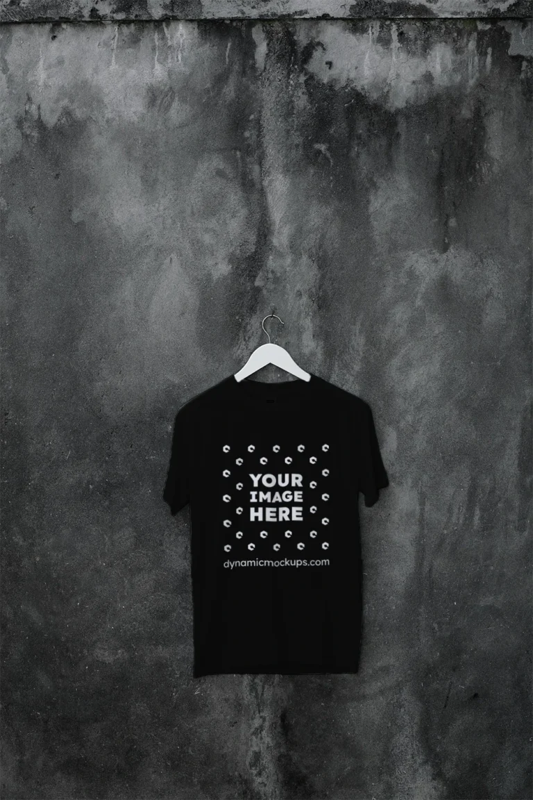 Hanging Wearing Black T-shirt Mockup Front View Template