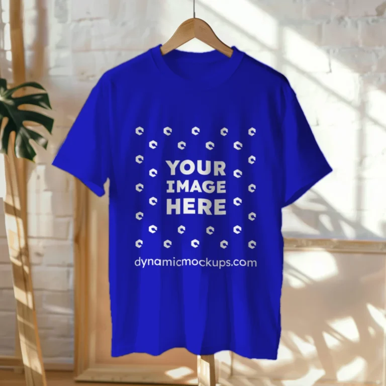 Hanging Wearing Blue T-shirt Mockup Front View Template