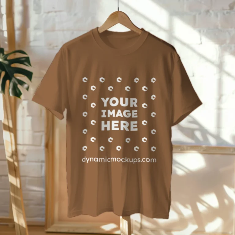 Hanging Wearing Brown T-shirt Mockup Front View Template